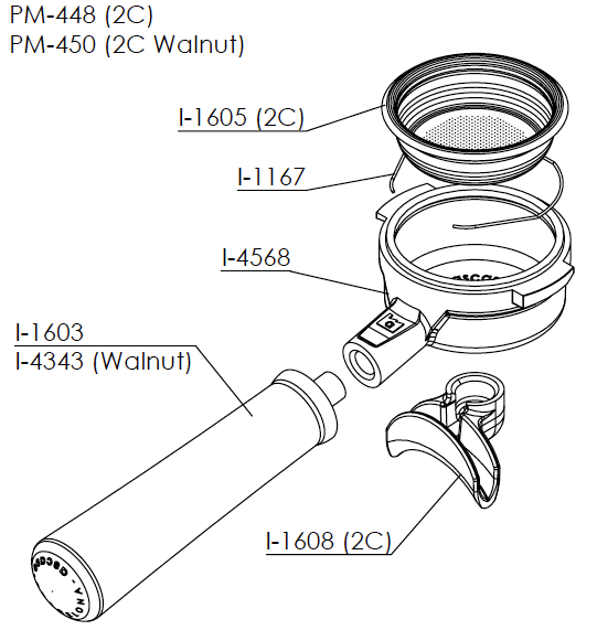 2 Coffee Stainless Steel Complete Portafilter in Walnut Wood (PM.529)